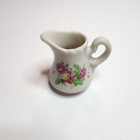 Miniature Porcelean Pitcher and Crock Set White with Flowers 1.5" Tall - Picture 2 of 8